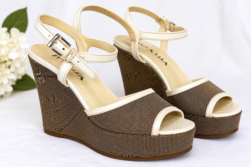 Vintage Prada Logo Jacquard Platform Wedge Sandals Made in Italy Size 35.5